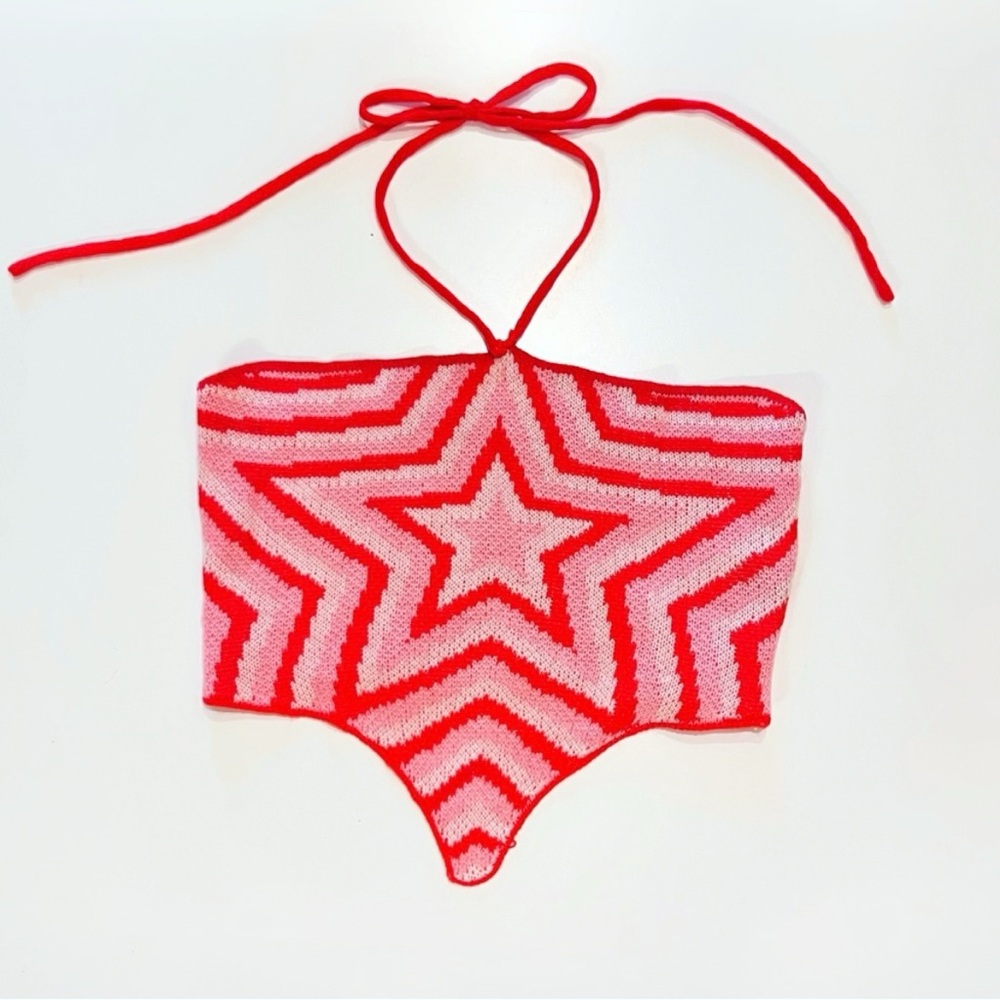 Pink & Red Star Print Asymmetrical Bandeau Halter Crop Top Y2K